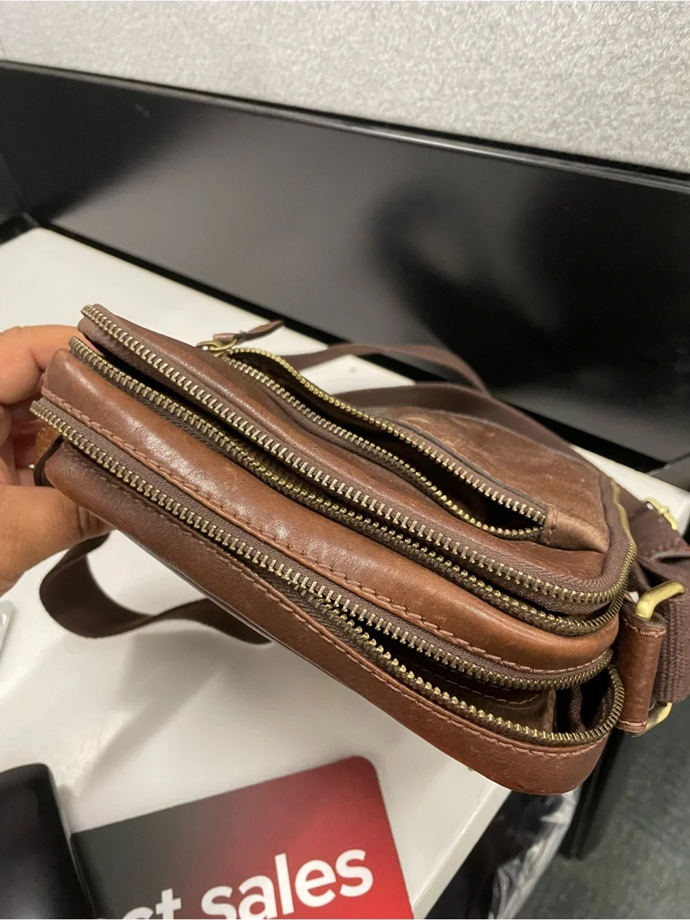 Men's Brown Leather Messenger Crossbody - Slim Everyday Carry